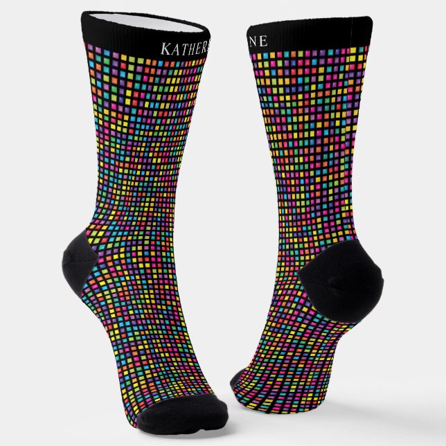 Custom Black Multicolor Colorful Checkered Pattern Socks (Angled)