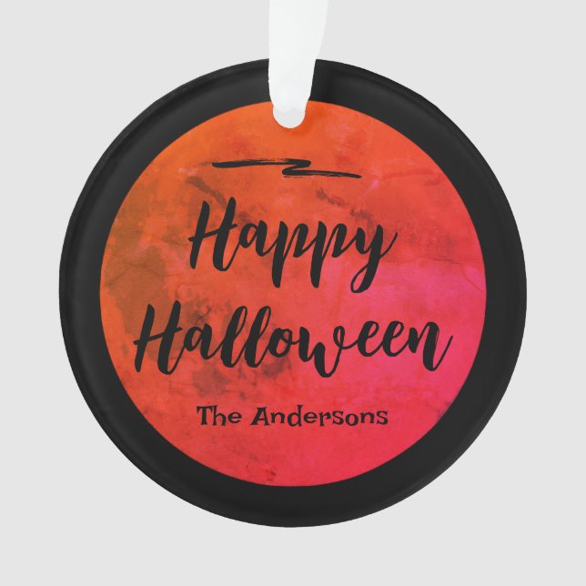 Custom Black & Orange Full Moon Happy Halloween Ornament (Front)
