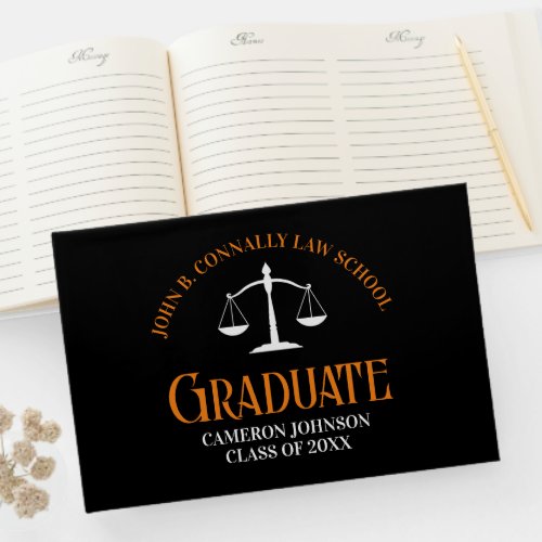 Custom Black Orange Law School Graduation Party Guest Book
