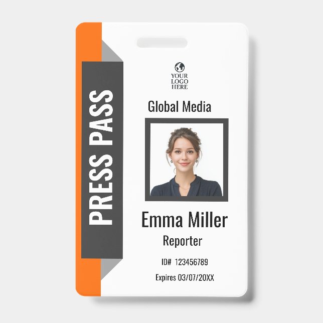 Custom Black & Orange Media Pass | Press ID  Badge (Front)