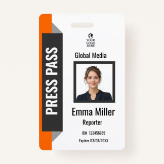Custom Black & Orange Media Pass | Press ID  Badge