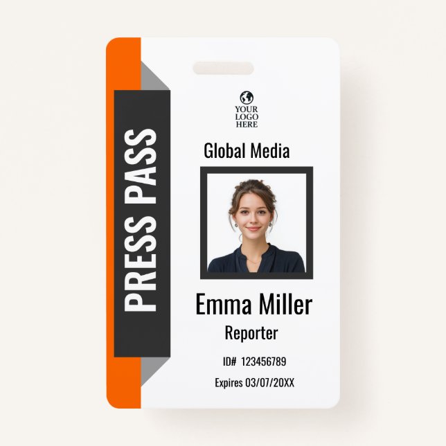 Custom Black & Orange Media Pass | Press ID  Badge (Front)