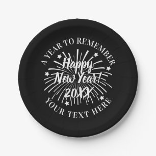 Custom black paper plates for New Year's Eve party