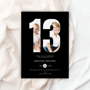 Custom Black Photo Boys Number 13th Birthday Invitation