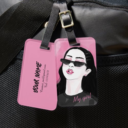 Custom Black Pink Modern Girl Graphic Printed  Luggage Tag