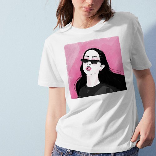 Custom Black Pink Modern Girl Graphic Printed T_Shirt
