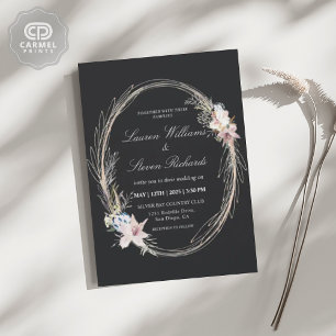 Custom Black Pink Whimsical Wreath Floral Premium Invitation