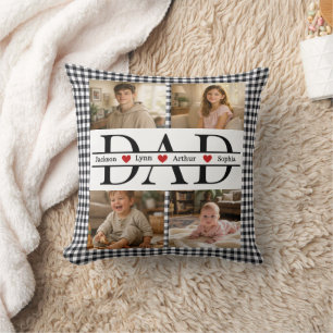 Custom Black Plaid Modern 4 Photo Collage Dad Gift Throw Pillow
