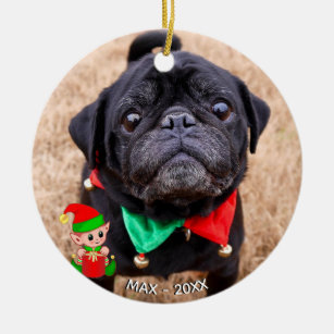 Custom Black Pug Dog Photo with Cute Elf Ceramic Ornament