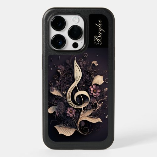 Custom Black Purple Musical Sol Key Floral  OtterBox iPhone 14 Pro Case