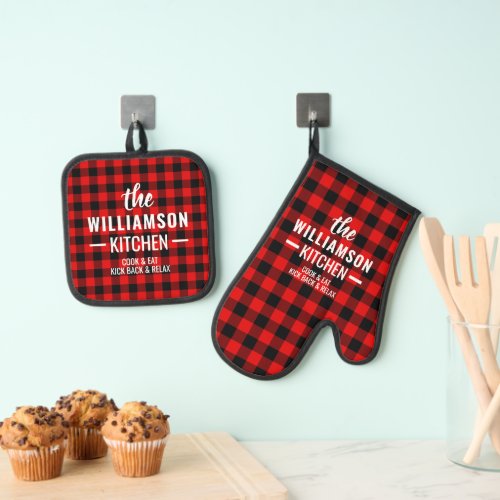 Custom Black Red Buffalo Lumberjack Plaid Pattern Oven Mitt  Pot Holder Set