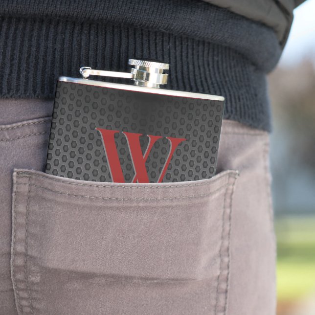 Custom Black Red Faux Leather Monogrammed Initial  Flask (In Situ)