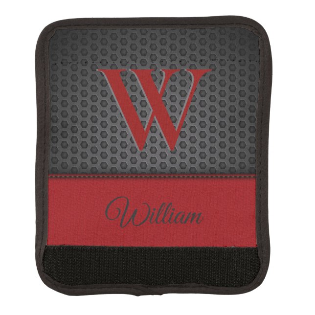 Custom Black Red Faux Leather Monogrammed Initial  Luggage Handle Wrap (Front)