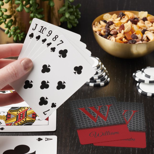 Custom Black Red Faux Leather Monogrammed Initial  Poker Cards (In Situ)