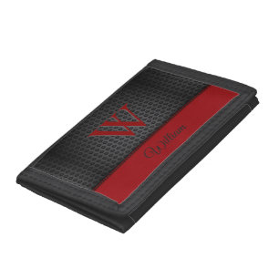 Custom Black Red Faux Leather Monogrammed Initial Tri-fold Wallet