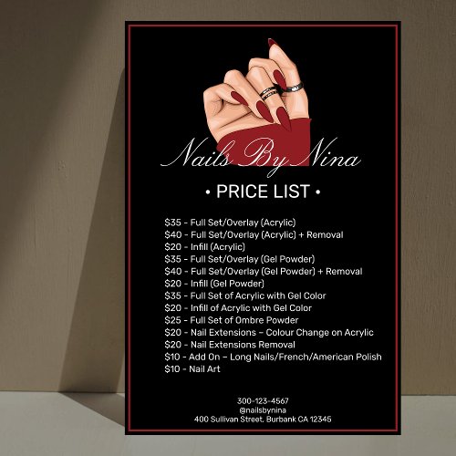 Custom Black  Red Manicurist Salon  Price List  Poster
