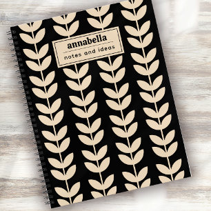 Custom Black Retro Vibe Leaf Pattern Monogram Notebook