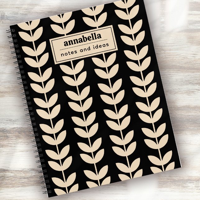 Custom Black Retro Vibe Leaf Pattern Monogram Notebook (Creator Uploaded)