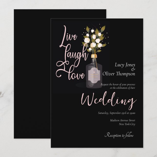 Custom Black Romantic Floral Wedding Card w/ Quote (Front/Back)