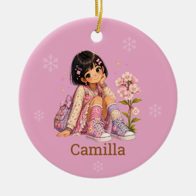 Custom Black Short Hair Girl Name Ceramic Ornament (Front)