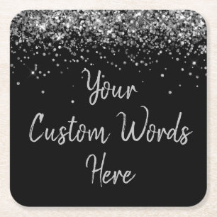 Custom Black Silver Birthday Party Favor Glitter  Square Paper Coaster