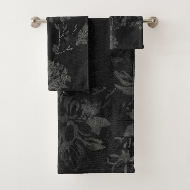 CUSTOM BLACK SILVER FLORAL BATHROOM TOWEL SET (Insitu)