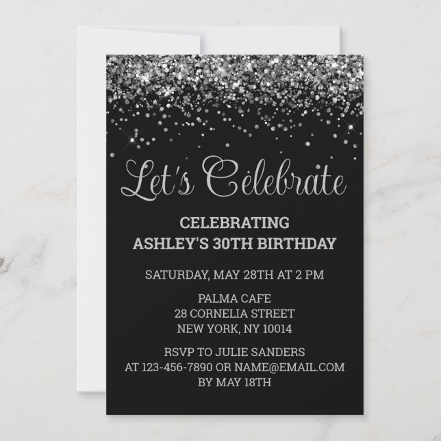 Custom Black & Silver Glitter 30th Birthday Party Invitation (Front)