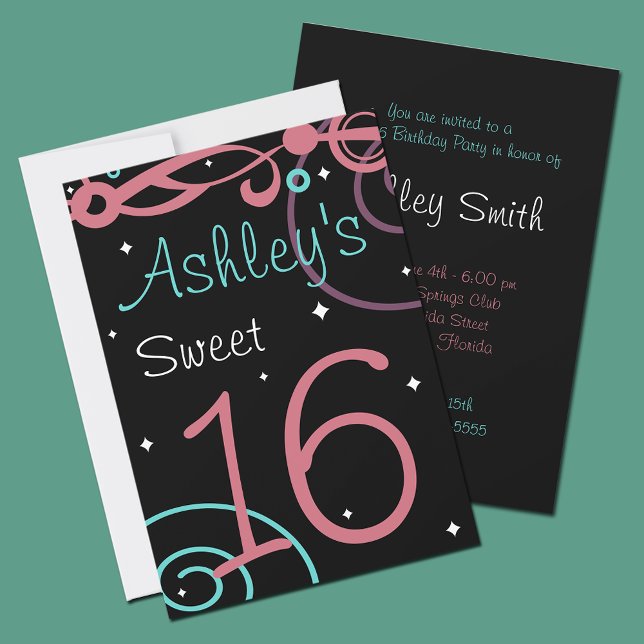 Custom Black Sweet 16 Birthday Party Invitations (Creator Uploaded)