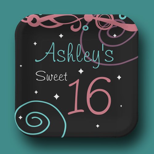 Custom Black Sweet 16 Birthday Party Plates