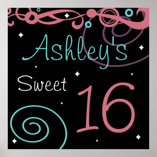 Custom Black Sweet 16 Birthday Party Wall Decor Zazzle Com