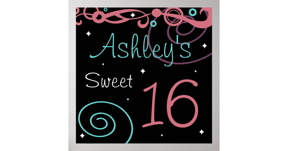 Custom Black Sweet 16 Birthday Party Wall Decor Zazzle Com