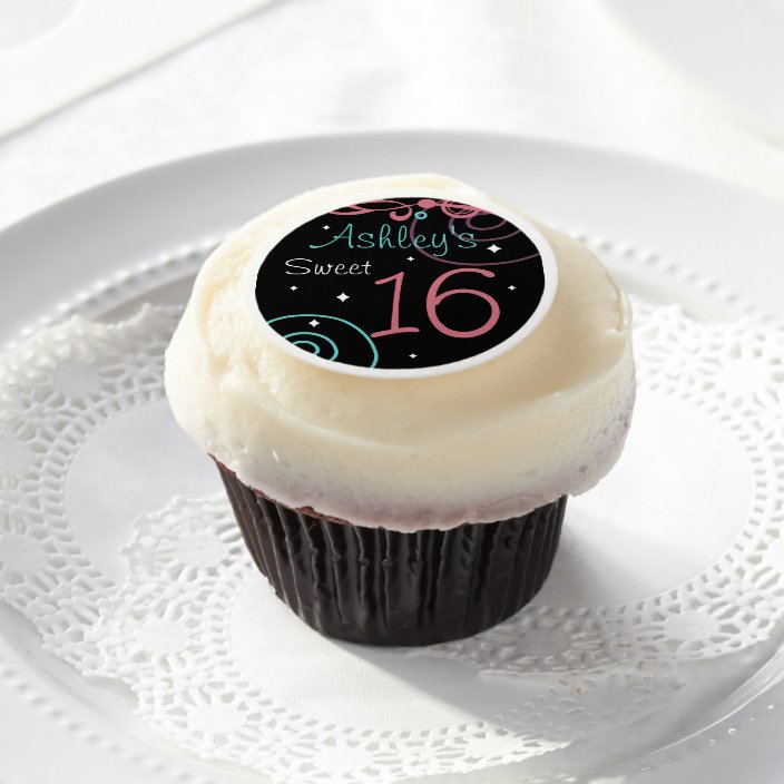 Custom Black Sweet 16 Cupcake Toppers Edible Frosting Rounds