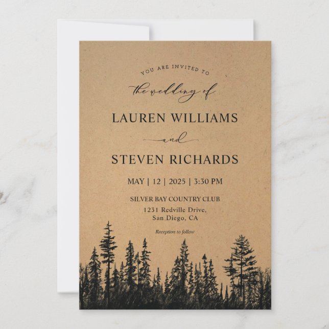 Custom Black Tan Khaki Pine Tree Woods Wedding Invitation (Front)