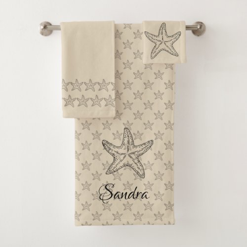 Custom Black Tan Sand Chic Beach house Starfish  Bath Towel Set