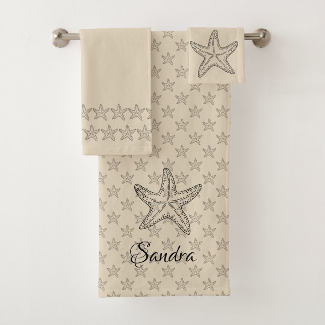 Custom Black Tan Sand Chic Beach house Starfish  Bath Towel Set (Insitu)