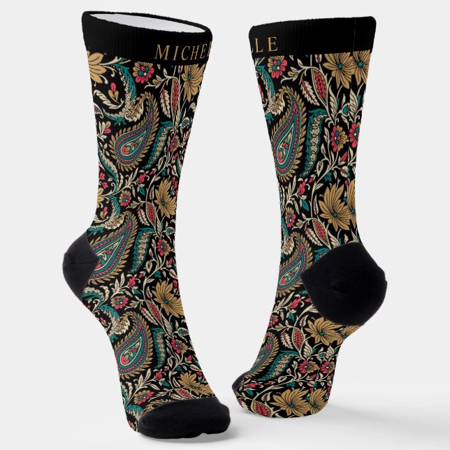 Custom Black Teal Blue Green Paisley Pattern Socks (Angled)