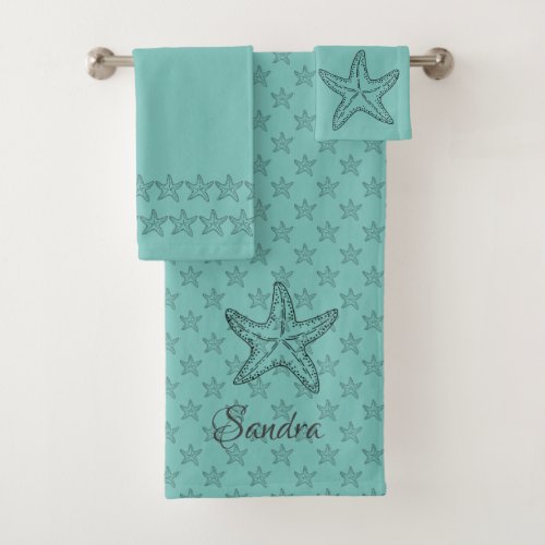 Custom Black Teal Chic Beach house Starfish  Bath Towel Set