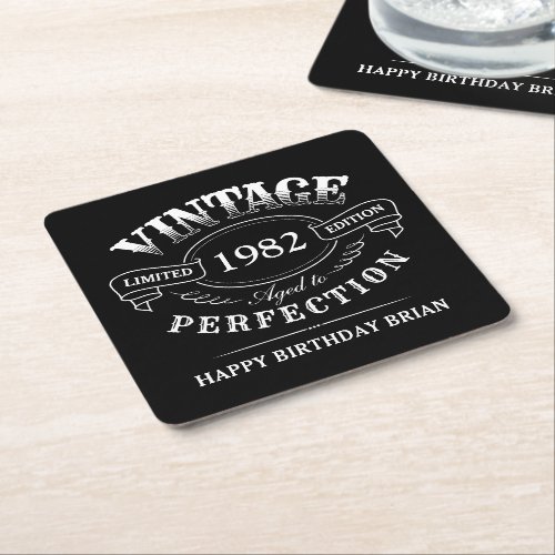 Custom Black Vintage Aged To Perfection birthday Square Paper Coaster