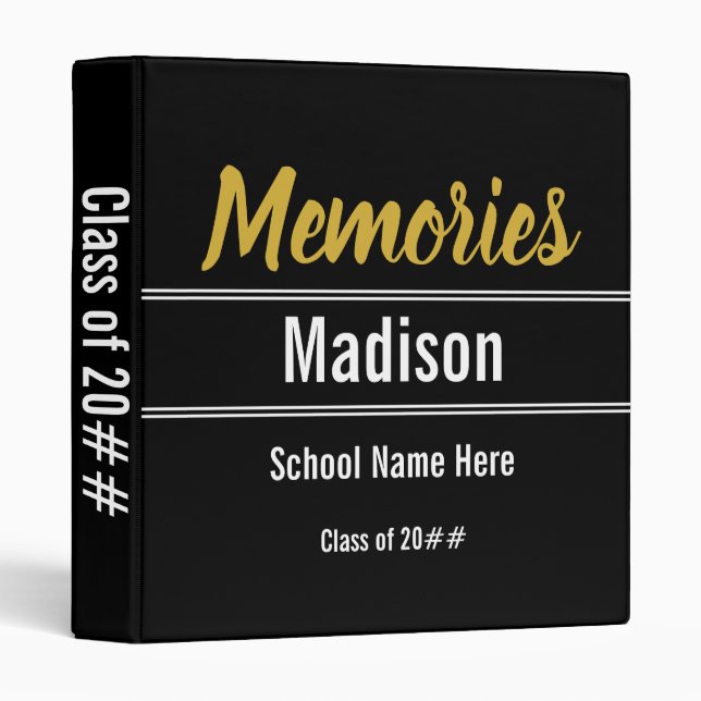 Custom Black White and Gold Graduate Memories 3 Ring Binder (Front/Spine)