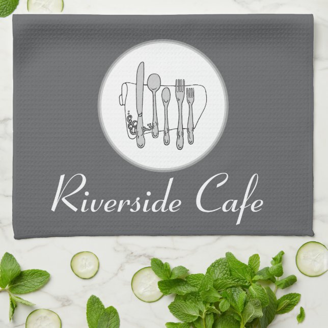 Custom Black, White and Gray on Gray Silverware Kitchen Towel (Folded)