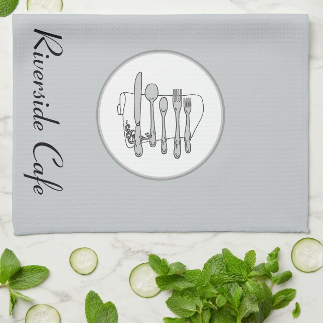Custom Black, White and Gray Silverware Design Kitchen Towel (Folded)