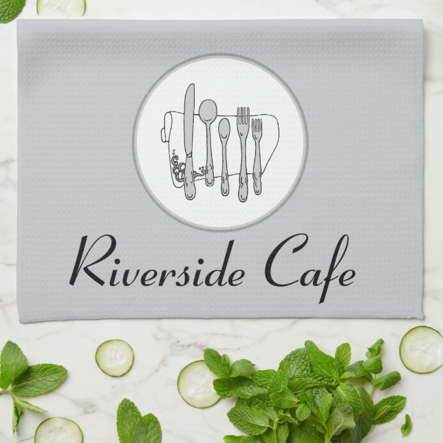 Custom Black, White and Gray Silverware Design Kitchen Towel (Folded)