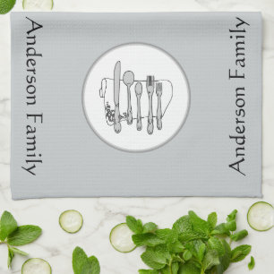 Custom Black, White and Gray Silverware Design Kitchen Towel