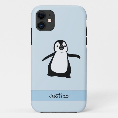 Custom Black White Blue Cute Penguin Name iPhone 11 Case