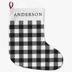 Custom Black & White Buffalo Check Plaid Holiday Large Christmas Stocking