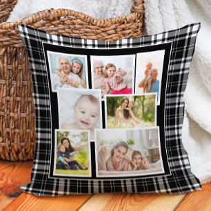 Custom Black White Buffalo Check Tartan 7 Photo Throw Pillow