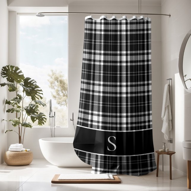 Custom Black White Buffalo Check Tartan Monogram Shower Curtain (Black and white checkered monogram shower curtain)
