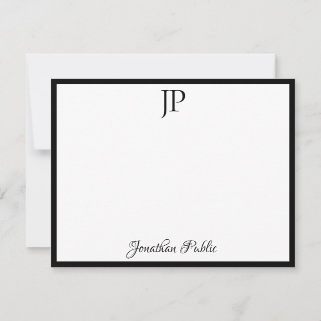 Custom Black White Calligraphy Script Monogram Note Card (Front)