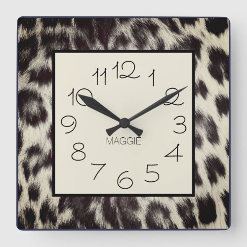 Custom Black White Cheetah Leopard Print Name Square Wall Clock