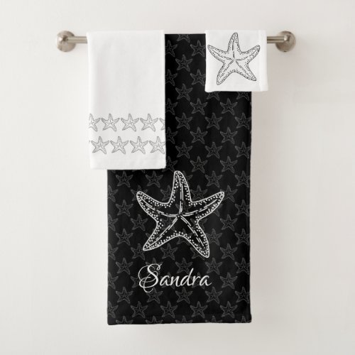 Custom Black White Chic Beach house Starfish  Bath Bath Towel Set